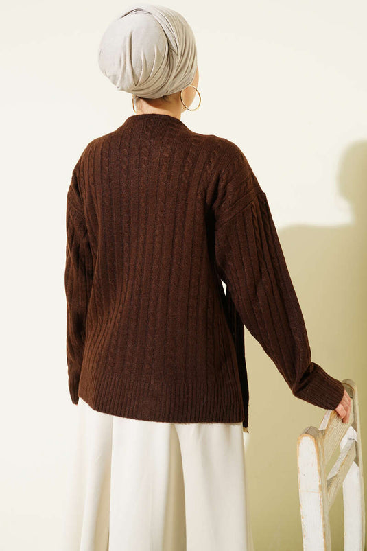 Atkılı Örgülü Kısa Triko Hırka Kahve