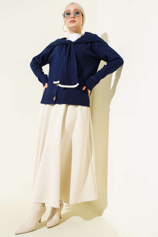 Atkılı Örgülü Kısa Triko Hırka Lacivert