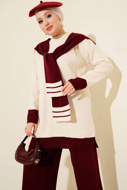 Two-Piece Knitted Set with Scarf and Stripe Detail, Burgundy