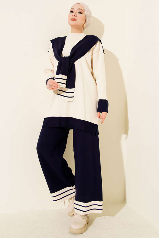 Two-Piece Knitted Set with Scarf and Stripe Detail, Navy Blue