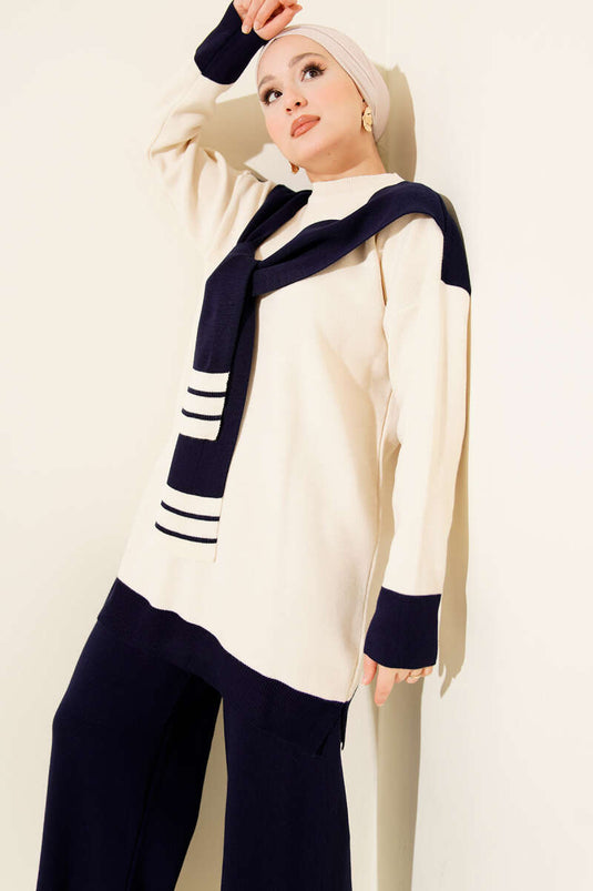 Two-Piece Knitted Set with Scarf and Stripe Detail, Navy Blue
