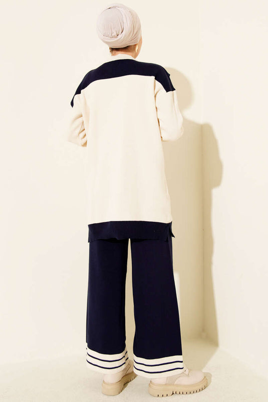 Two-Piece Knitted Set with Scarf and Stripe Detail, Navy Blue