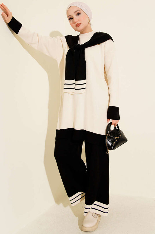 Zweiteiliges Strickset mit Schal und Streifenmuster, Schwarz