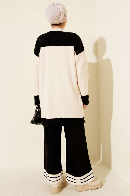 Two-Piece Knitted Set with Scarf and Stripe Detail, Black