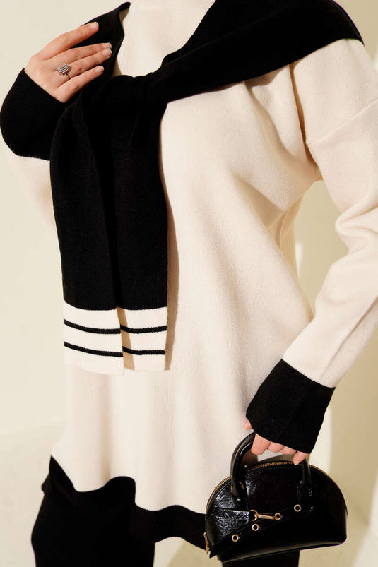 Zweiteiliges Strickset mit Schal und Streifenmuster, Schwarz