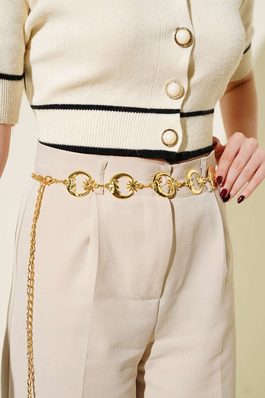 Gold Chain Belt with Crescent Moon and Star Design