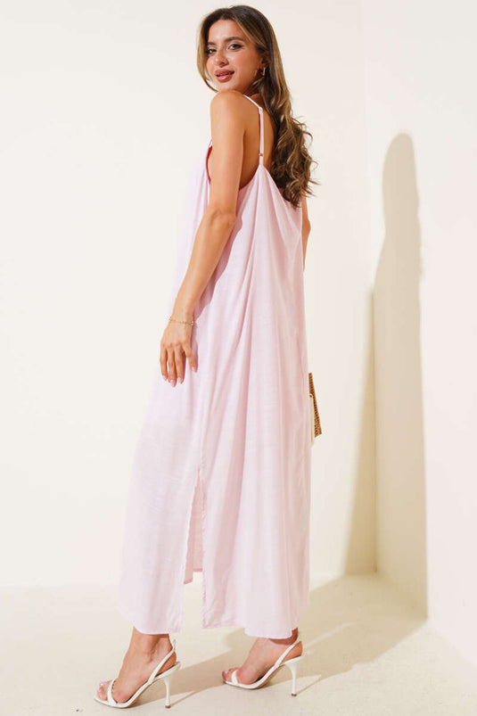 Ayarlanabilir Askılı Yan Yırtmaçlı Elbise Pembe