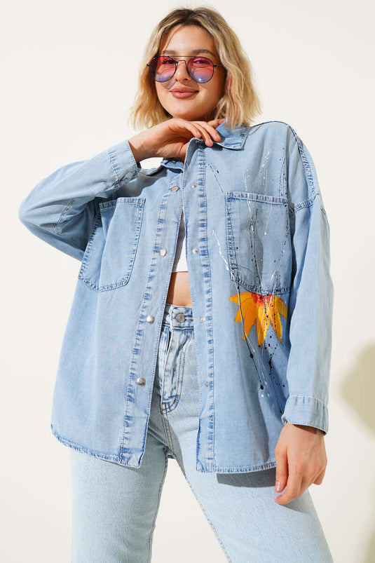 Ayçiçeği Desen Kot Gömlek Mavi