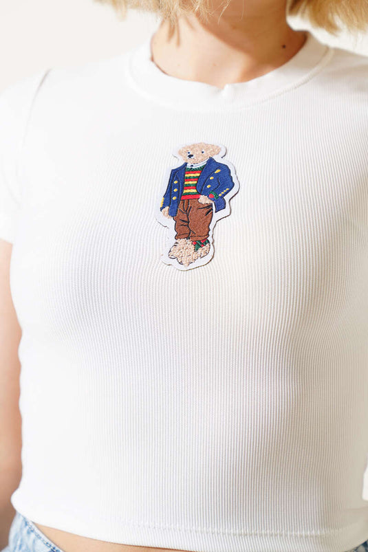 Ayı Baskılı Crop Beyaz