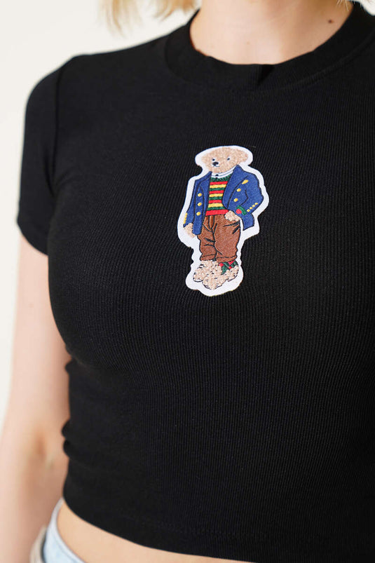 Ayı Baskılı Crop Siyah