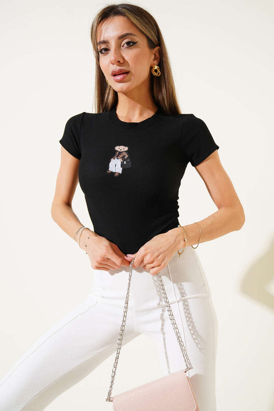 Ayı Nakışlı Kaşkorse Crop Siyah