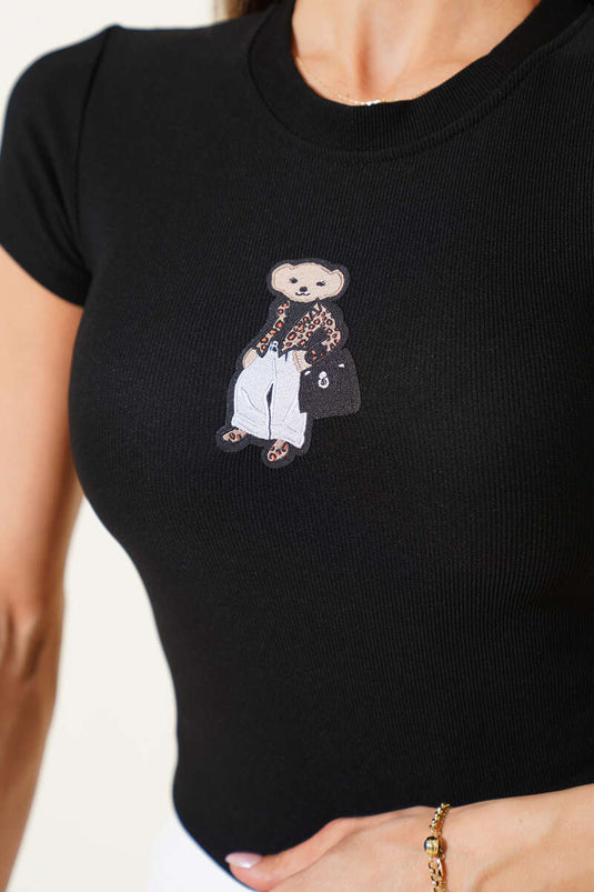 Ayı Nakışlı Kaşkorse Crop Siyah