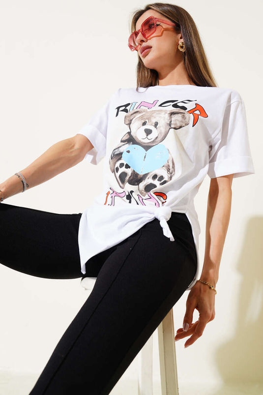 Ayıcık Baskılı Duble Kol T-shirt Beyaz