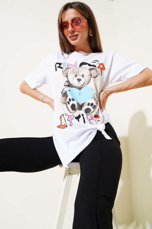 Ayıcık Baskılı Duble Kol T-shirt Beyaz