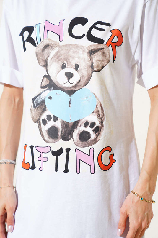 Ayıcık Baskılı Duble Kol T-shirt Beyaz