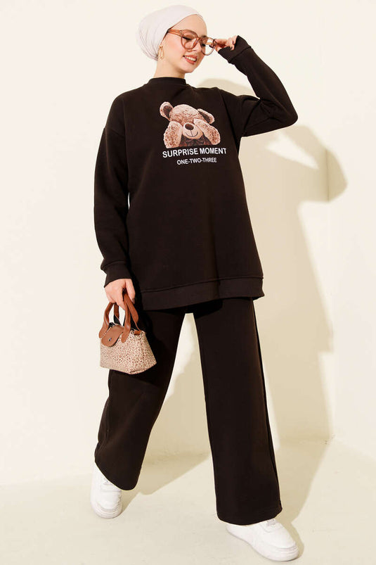 Ensemble deux pièces à trois fils imprimé ours en peluche, marron foncé