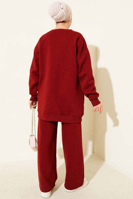 طقم من قطعتين بنقشة دببة تيدي، مصنوع من ثلاثة خيوط، لون عنابي