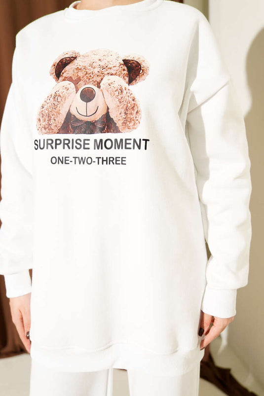 Ensemble deux pièces à trois fils imprimé ours en peluche, écru