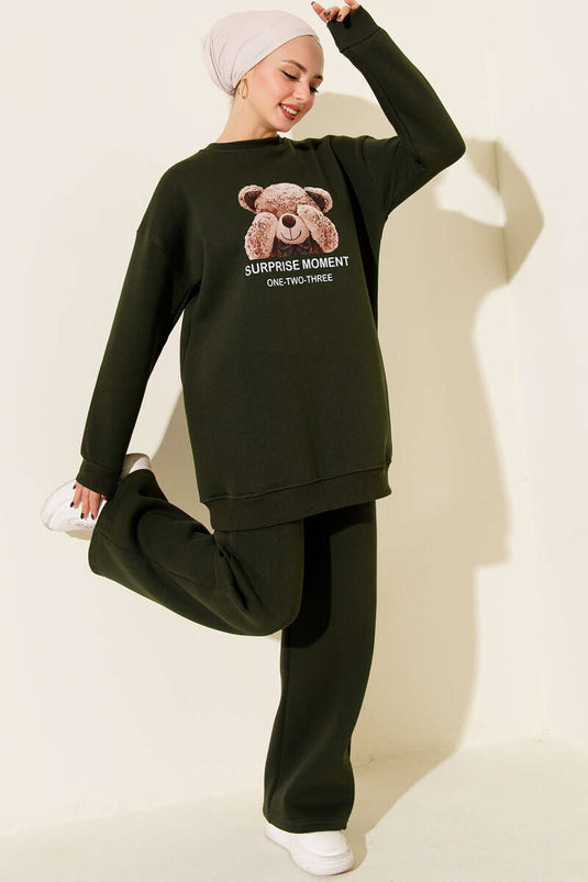 طقم من قطعتين بنقشة دببة تيدي، مصنوع من ثلاثة خيوط، لون كاكي