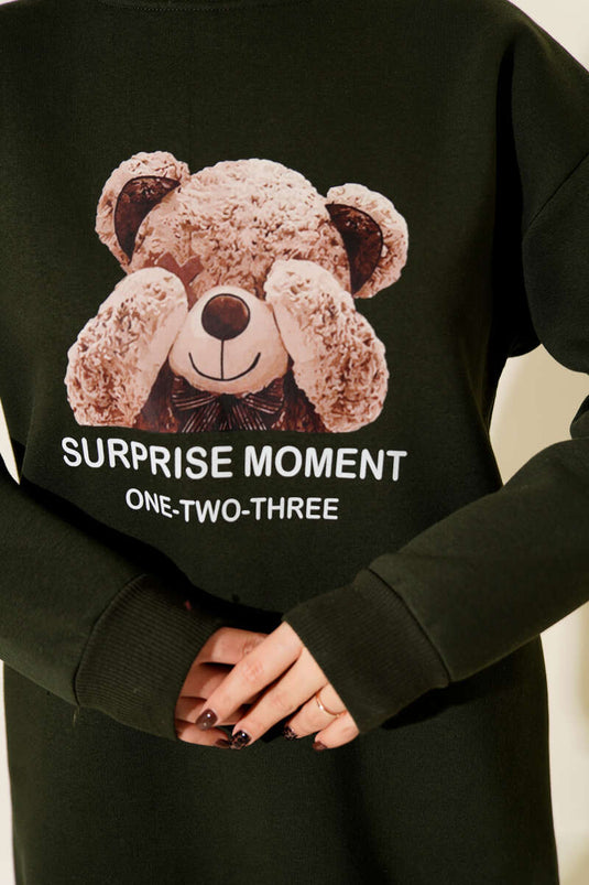 طقم من قطعتين بنقشة دببة تيدي، مصنوع من ثلاثة خيوط، لون كاكي