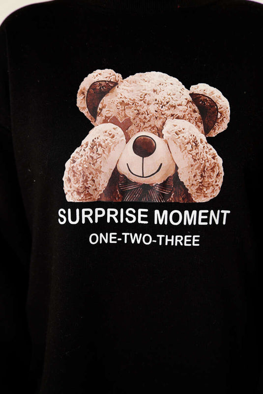 طقم قطعتين بنقشة دب تيدي، بثلاثة خيوط، أسود