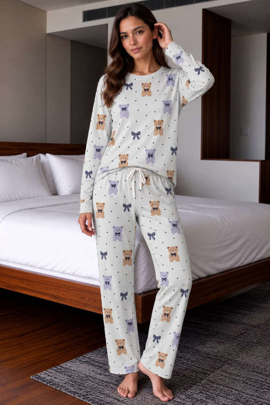 Cute Animal Print Tie-Front Pajama Set For Women