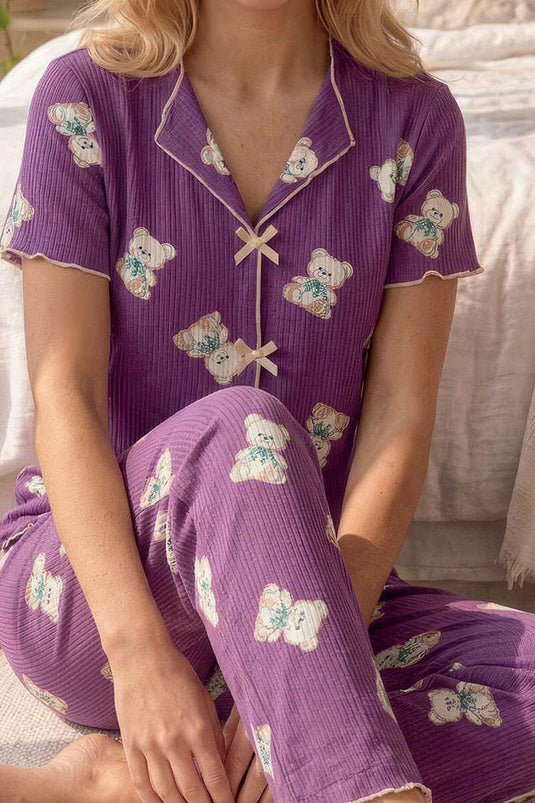 Ensemble de pyjama croisé à col avec motif ourson violet