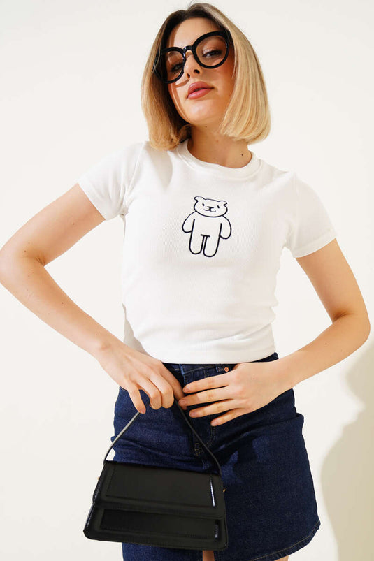 Ayıcık Desenli Nakışlı Kaşkorse Bluz Ekru