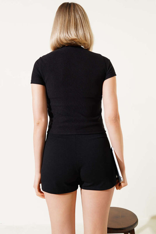 Ayıcık Desenli Nakışlı Kaşkorse Bluz Siyah