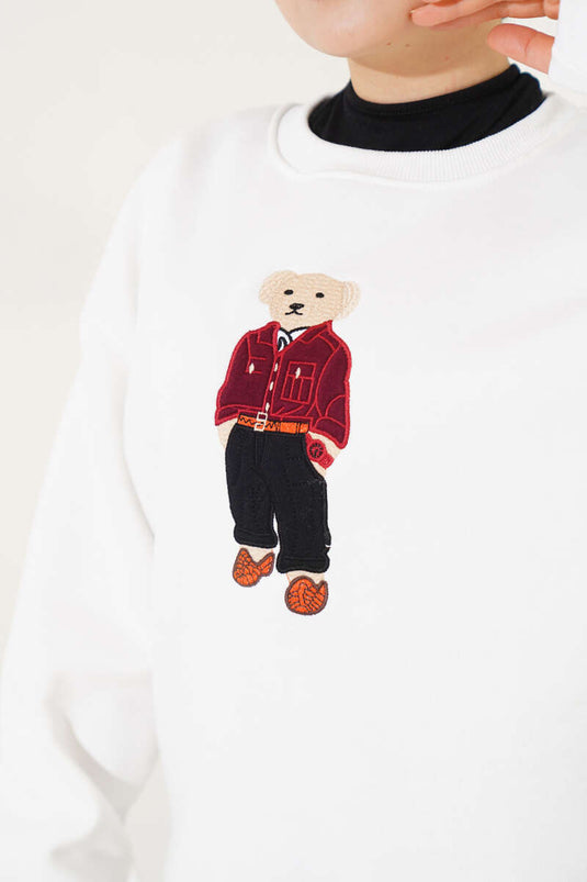 Ayıcık Nakış Üç İplik Sweatshirt Beyaz