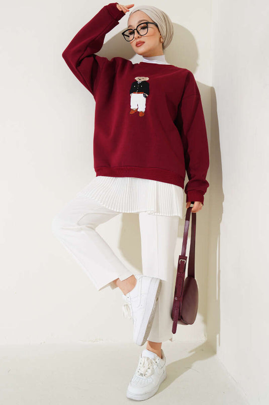 Ayıcık Nakış Üç İplik Sweatshirt Bordo