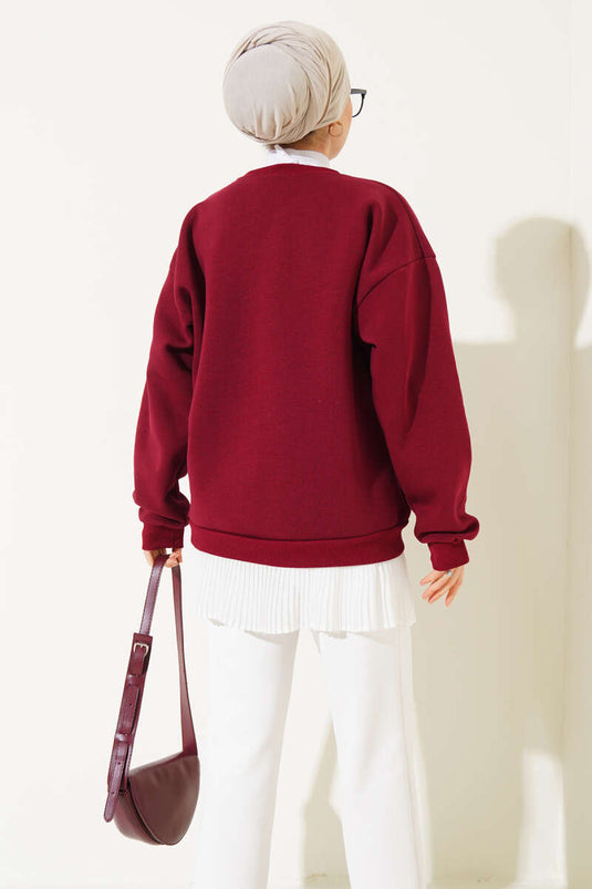 Ayıcık Nakış Üç İplik Sweatshirt Bordo