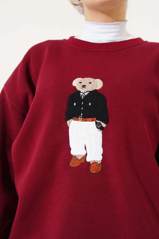 Ayıcık Nakış Üç İplik Sweatshirt Bordo