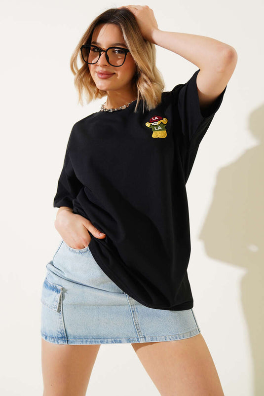 Ayıcık Nakışlı Basic T-shirt Siyah