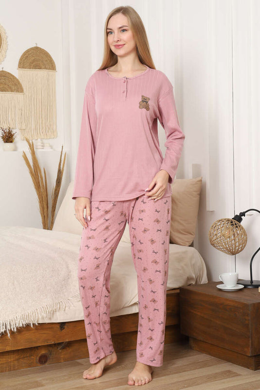 Ayıcık Nakışlı Fitilli Uzun Kol Pijama Takımı Pudra