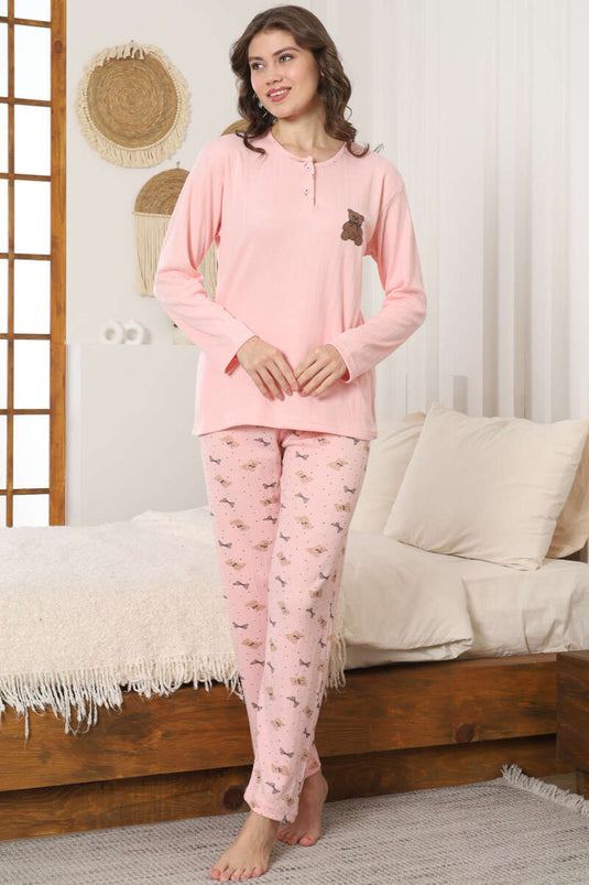 Teddy Bear Embroidered Ribbed Long-Sleeved Pajama Set, Baby Pink