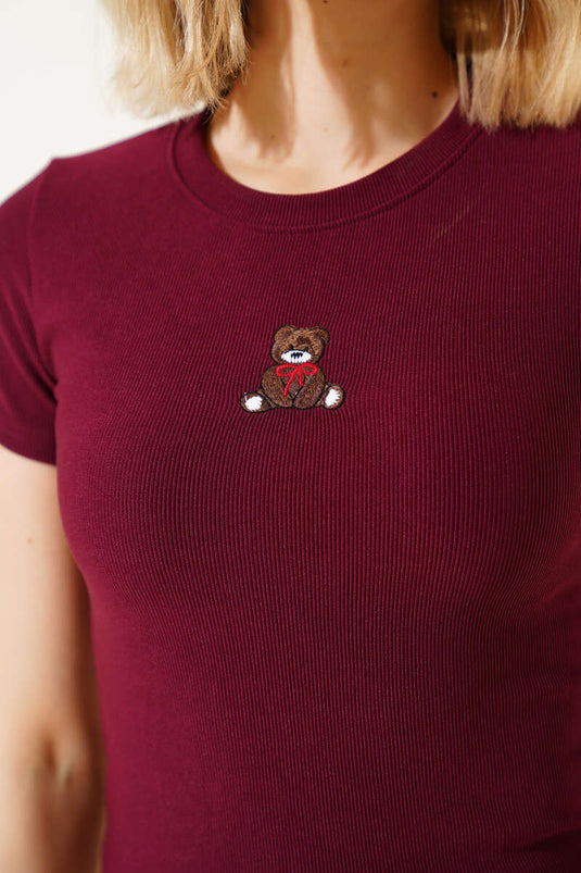 Ayıcık Nakışlı Kısa Kol Crop Bordo