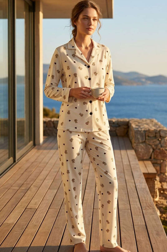 Ensemble De Pyjama Pour Femmes Avec Lapin Brodé Et Fermeture Croisée Beige