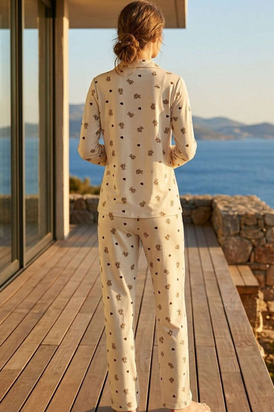 Ensemble De Pyjama Pour Femmes Avec Lapin Brodé Et Fermeture Croisée Beige