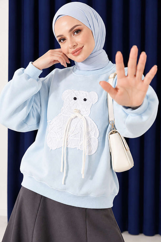 Ayıcık Nakışlı Üç İplik Swatshirt Bebe Mavi