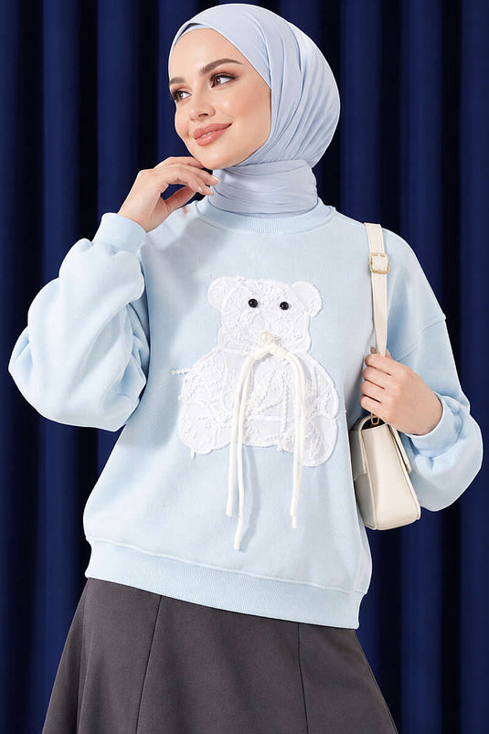 Ayıcık Nakışlı Üç İplik Swatshirt Bebe Mavi