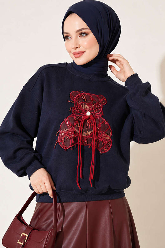 Ayıcık Nakışlı Üç İplik Swatshirt Lacivert