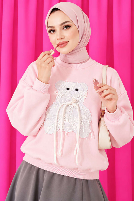 Ayıcık Nakışlı Üç İplik Swatshirt Pembe