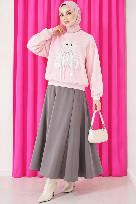Ayıcık Nakışlı Üç İplik Swatshirt Pembe