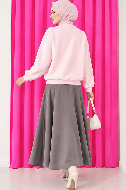 Ayıcık Nakışlı Üç İplik Swatshirt Pembe