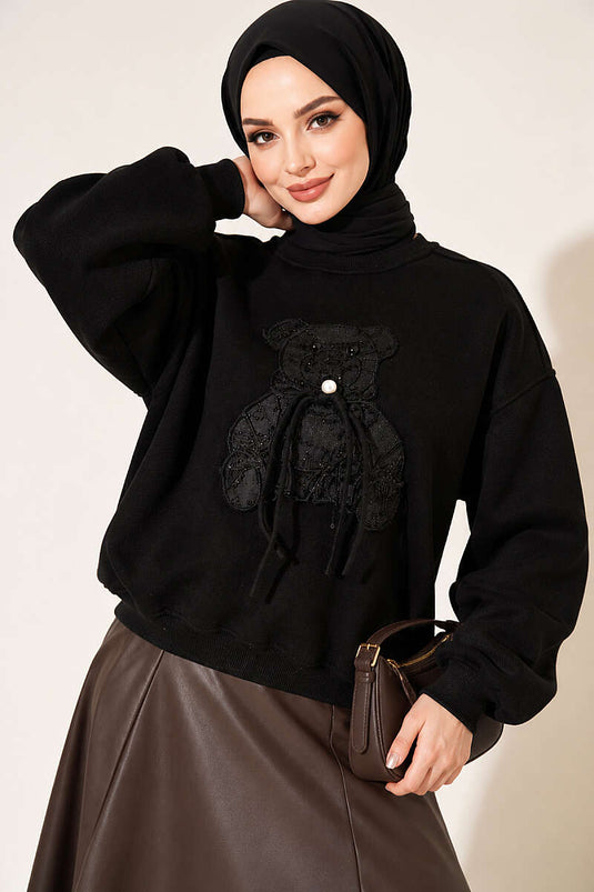Ayıcık Nakışlı Üç İplik Swatshirt Siyah