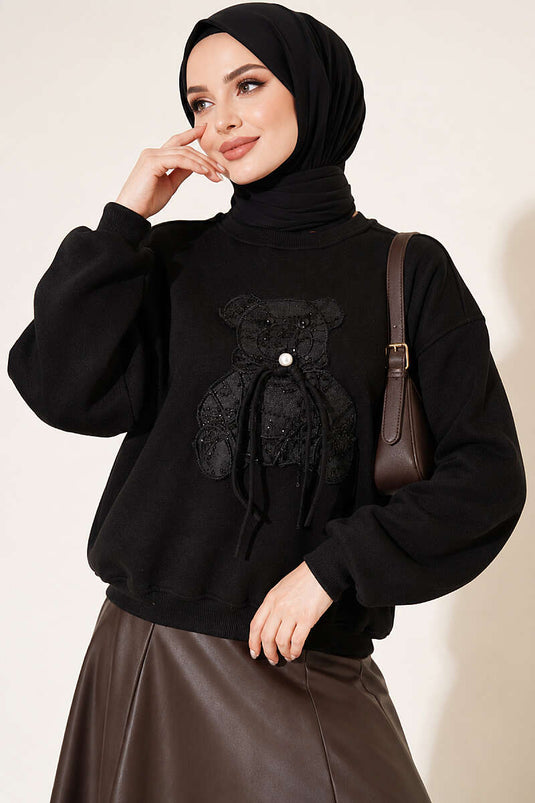 Ayıcık Nakışlı Üç İplik Swatshirt Siyah