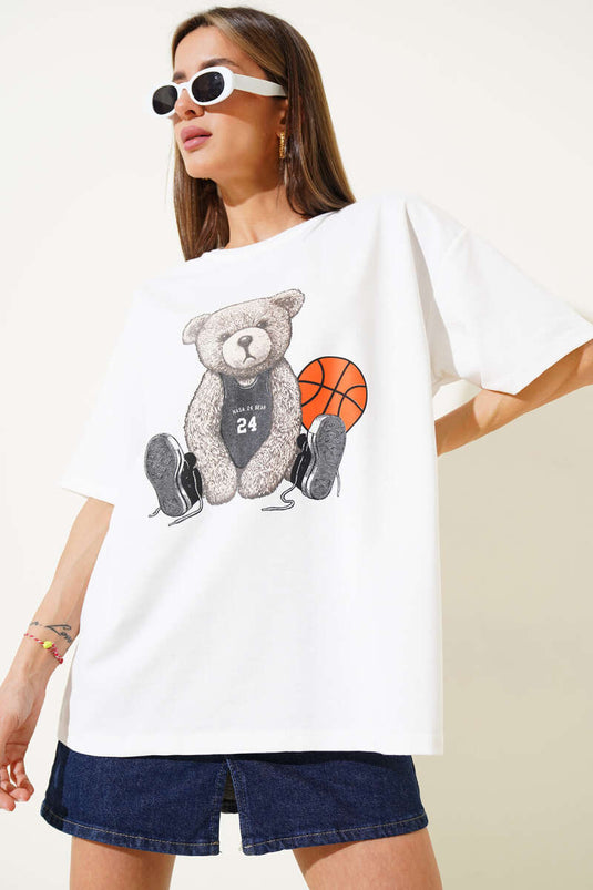 Ayıcıklı Basket Top Baskılı T-shirt Beyaz