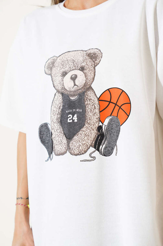 Ayıcıklı Basket Top Baskılı T-shirt Beyaz