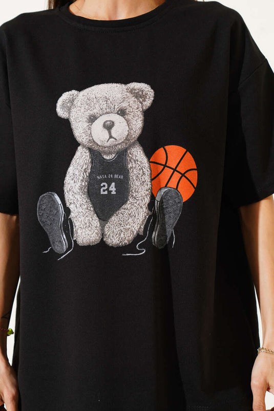 Ayıcıklı Basket Top Baskılı T-shirt Siyah